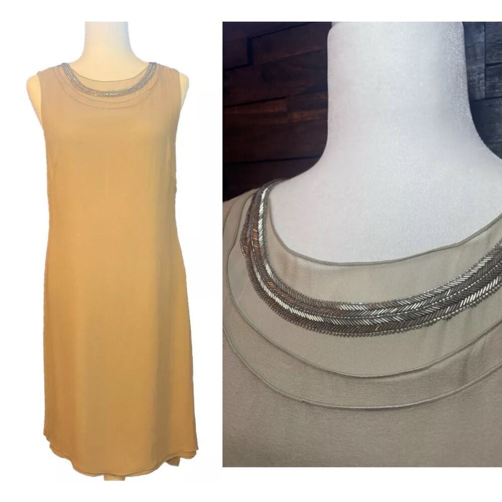 Ralph Lauren Purple Label Silk Cocktail Dress 6 Embellished Beaded Neck Tan $3K